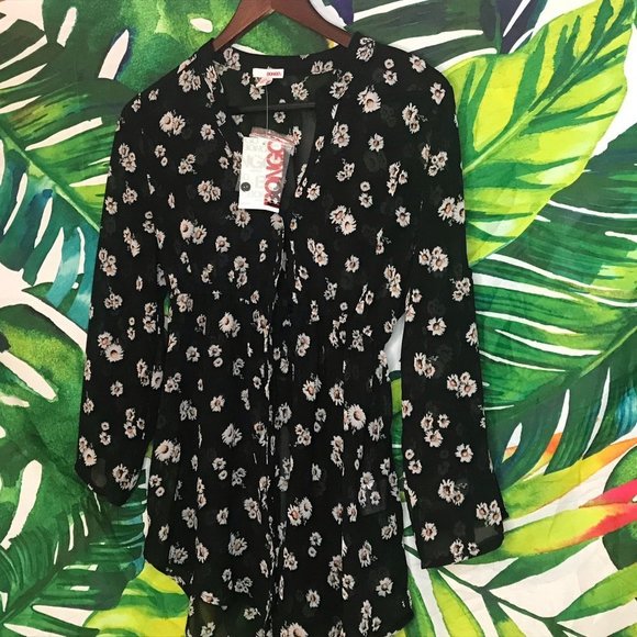 NWT Bongo Juniors Medium Sheer Black Yellow Daisy Button Up Cute Blouse - Picture 4 of 5